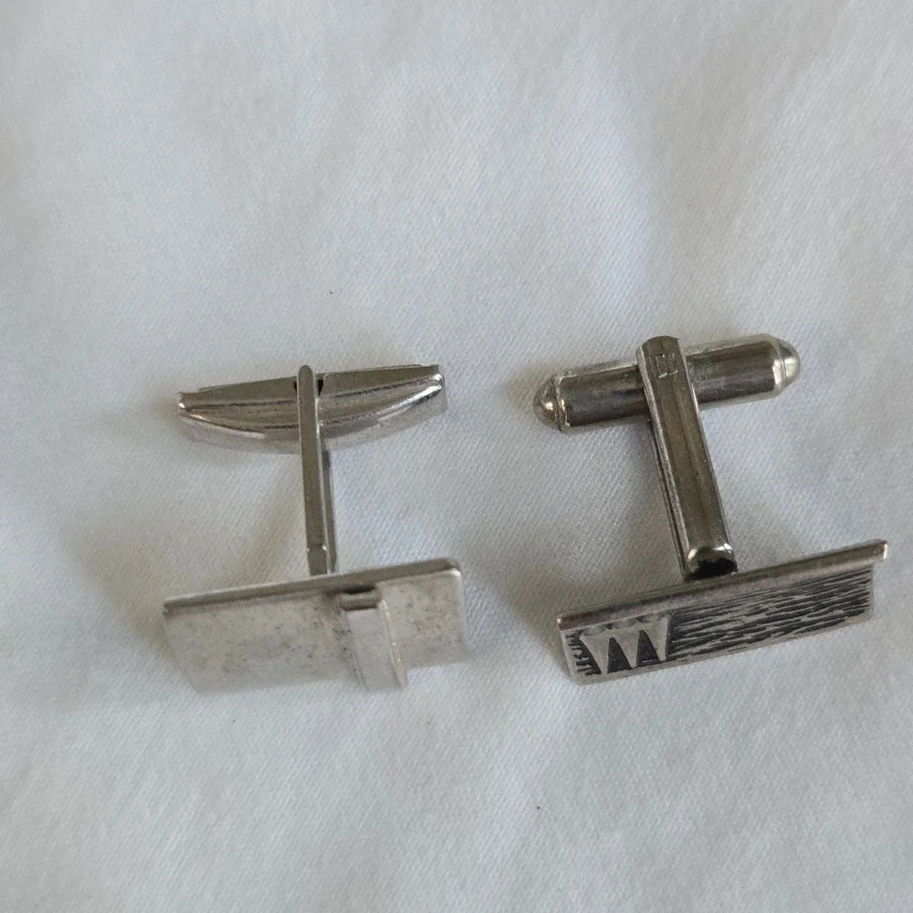 VTG Pioneer Mismatched Cufflinks Silver Tone Men OS Geometric Mid Century Modern